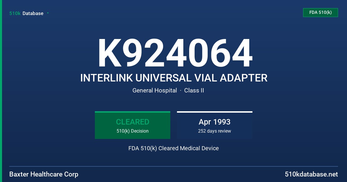 K924064 INTERLINK UNIVERSAL VIAL ADAPTER FDA 510(k) Cleared Medical Device