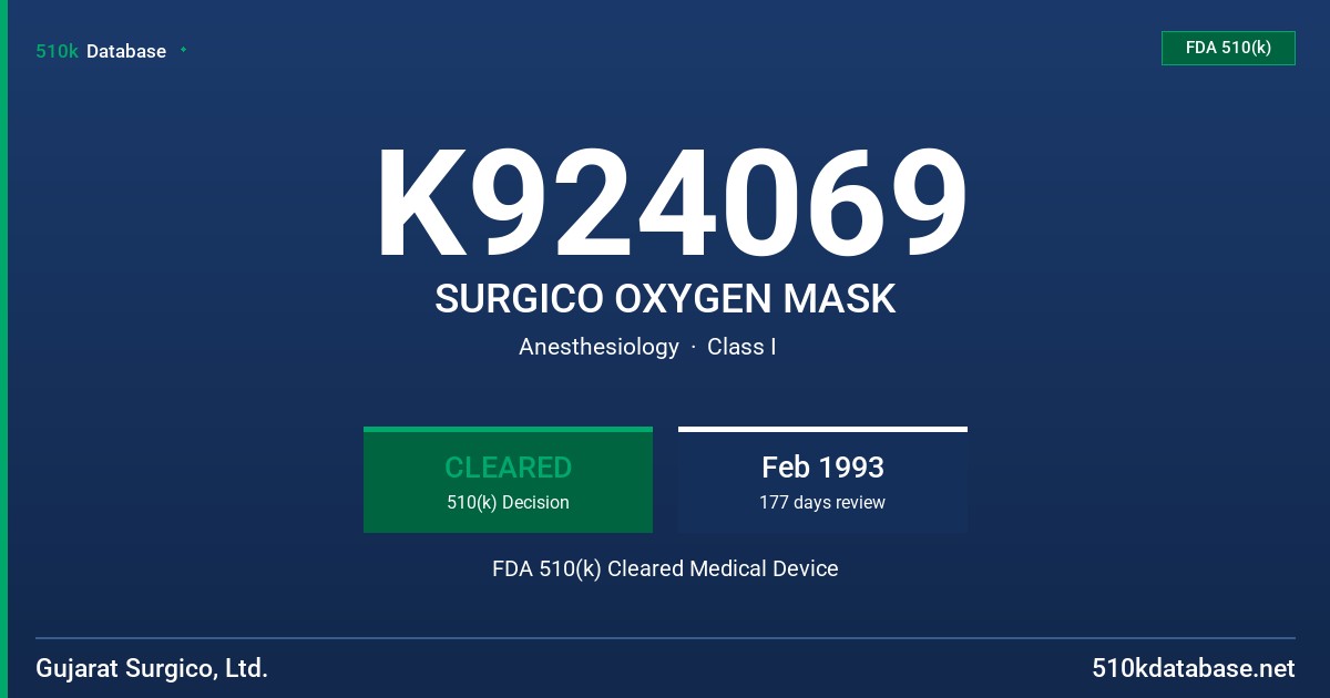 K924069 SURGICO OXYGEN MASK FDA 510(k) Cleared Medical Device
