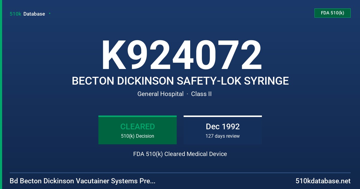 K924072 BECTON DICKINSON SAFETY-LOK SYRINGE FDA 510(k) Cleared Medical Device