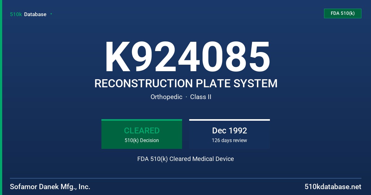 K924085 RECONSTRUCTION PLATE SYSTEM FDA 510(k) Cleared Medical Device
