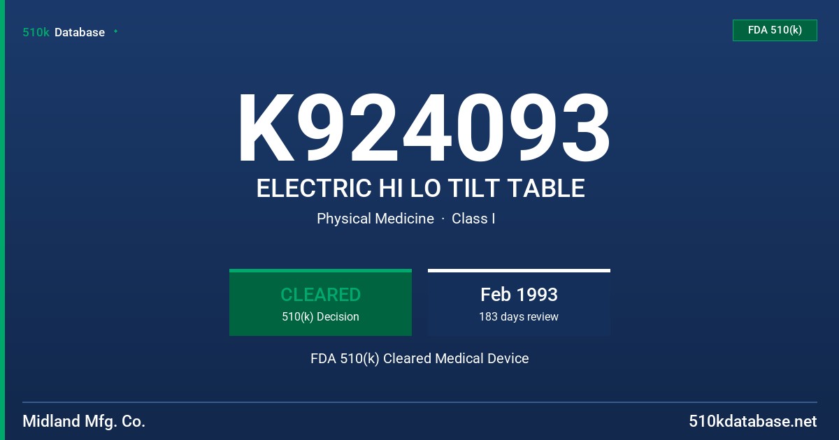 K924093 ELECTRIC HI LO TILT TABLE FDA 510(k) Cleared Medical Device