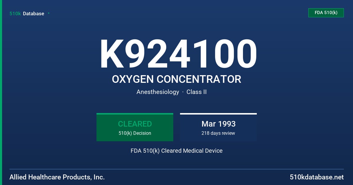 K924100 OXYGEN CONCENTRATOR FDA 510(k) Cleared Medical Device