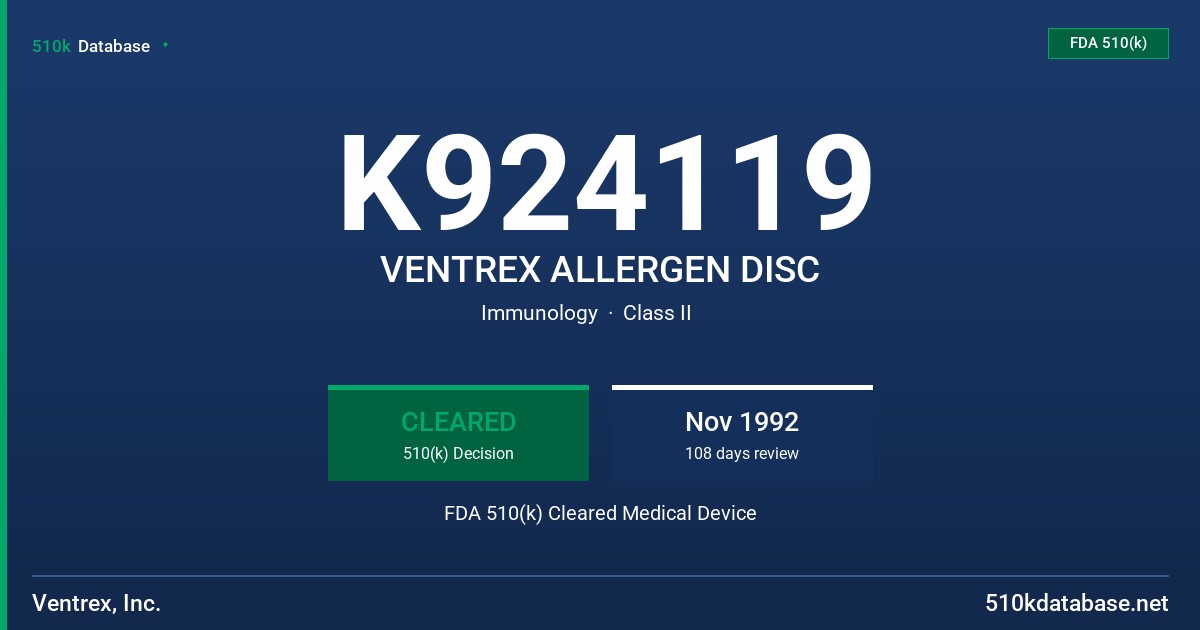 K924119 VENTREX ALLERGEN DISC FDA 510(k) Cleared Medical Device