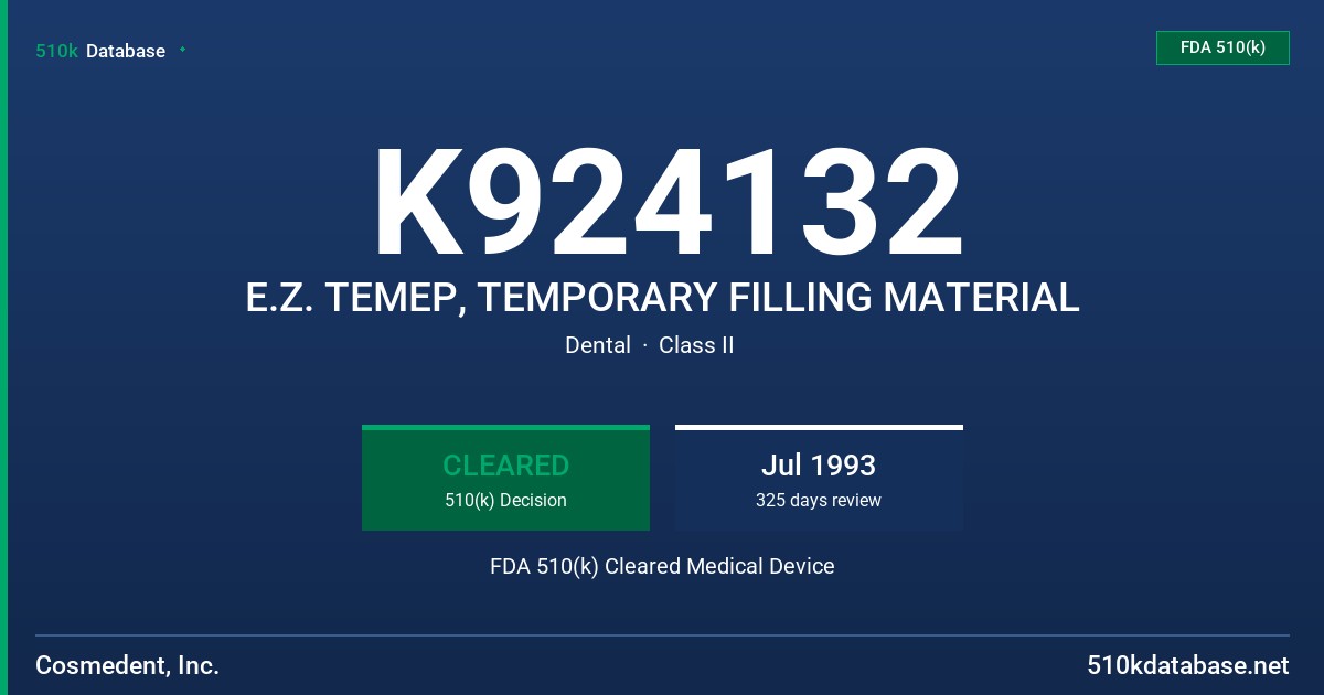 K924132 E.Z. TEMEP, TEMPORARY FILLING MATERIAL FDA 510(k) Cleared Medical Device
