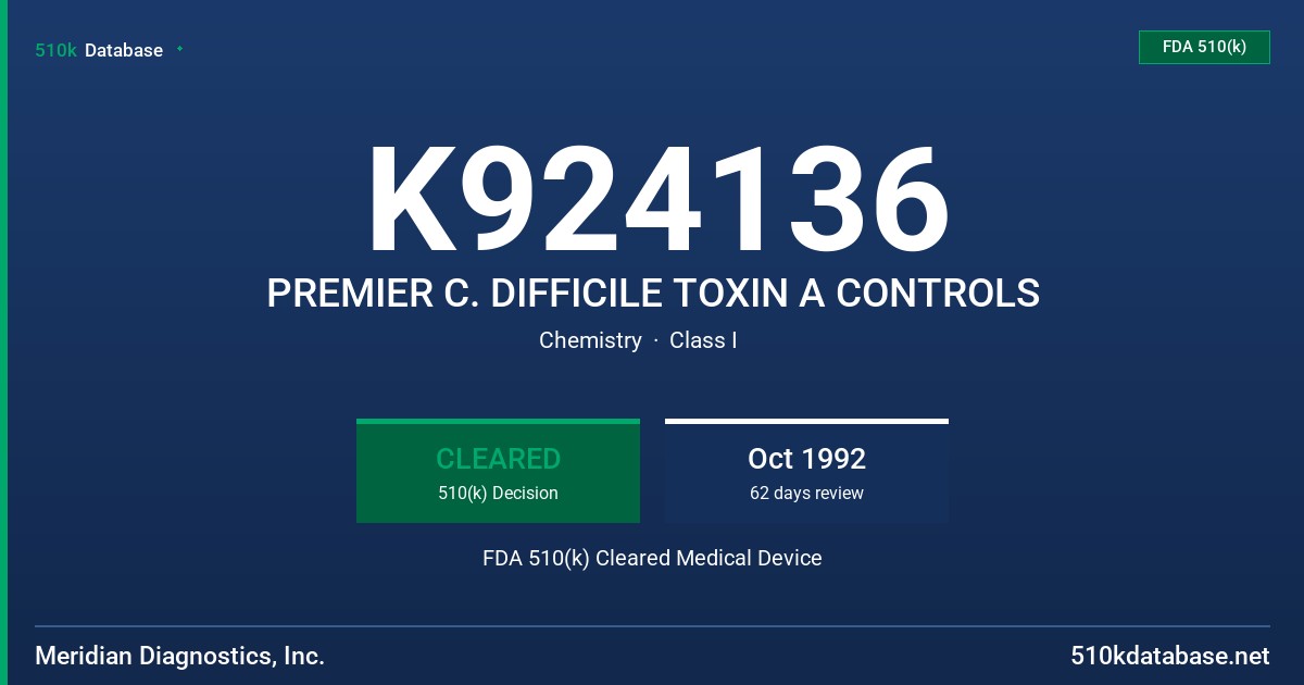 K924136 PREMIER C. DIFFICILE TOXIN A CONTROLS FDA 510(k) Cleared Medical Device