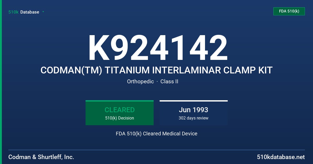 K924142 CODMAN(TM) TITANIUM INTERLAMINAR CLAMP KIT FDA 510(k) Cleared Medical Device