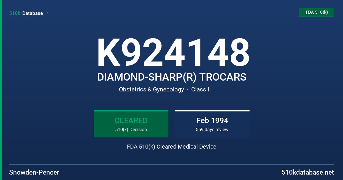 K924148 DIAMOND-SHARP(R) TROCARS FDA 510(k) Cleared Medical Device