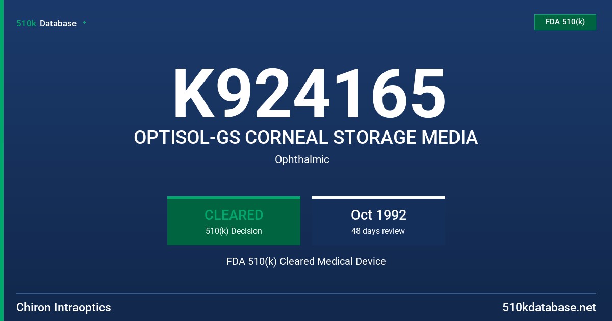 K924165 OPTISOL-GS CORNEAL STORAGE MEDIA FDA 510(k) Cleared Medical Device