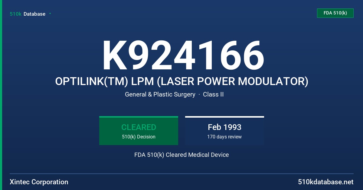 K924166 OPTILINK(TM) LPM (LASER POWER MODULATOR) FDA 510(k) Cleared Medical Device