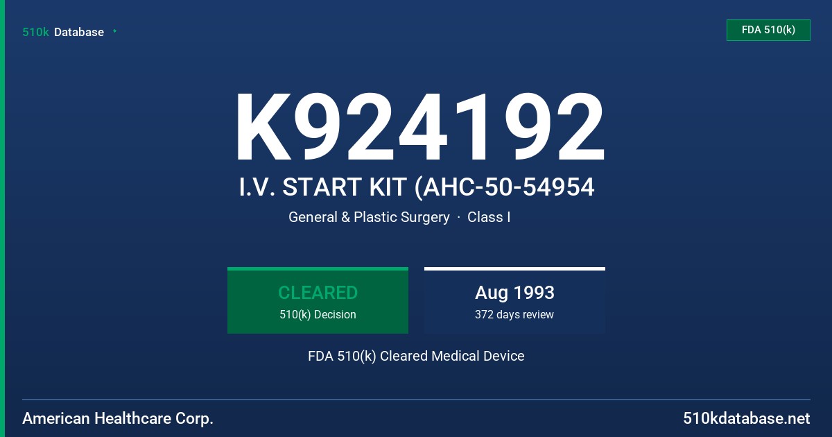 K924192 I.V. START KIT (AHC-50-54954 FDA 510(k) Cleared Medical Device