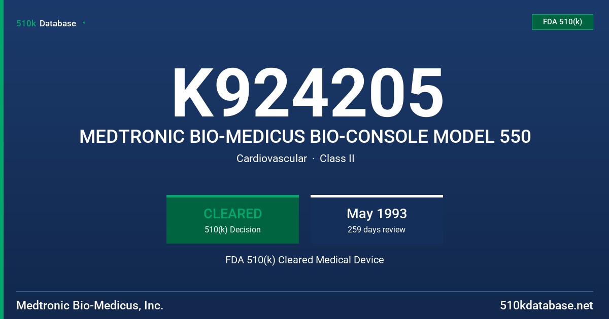 K924205 MEDTRONIC BIO-MEDICUS BIO-CONSOLE MODEL 550 FDA 510(k) Cleared Medical Device