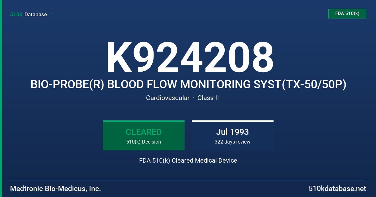 K924208 BIO-PROBE(R) BLOOD FLOW MONITORING SYST(TX-50/50P) FDA 510(k) Cleared Medical Device