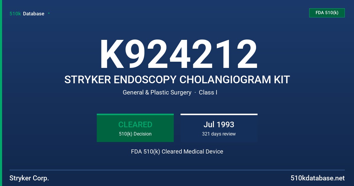 K924212 STRYKER ENDOSCOPY CHOLANGIOGRAM KIT FDA 510(k) Cleared Medical Device