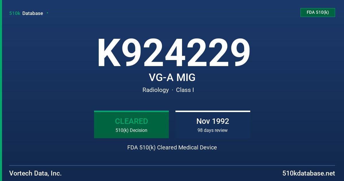 K924229 VG-A MIG FDA 510(k) Cleared Medical Device