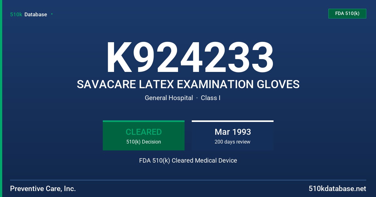 K924233 SAVACARE LATEX EXAMINATION GLOVES FDA 510(k) Cleared Medical Device