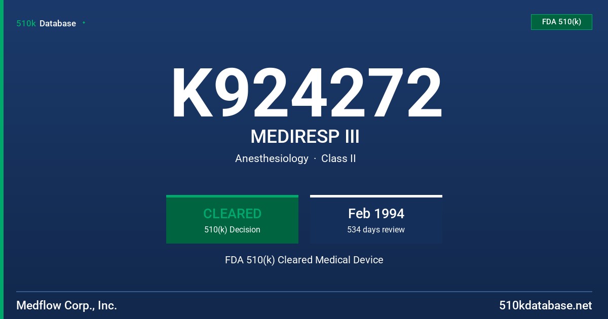 K924272 MEDIRESP III FDA 510(k) Cleared Medical Device