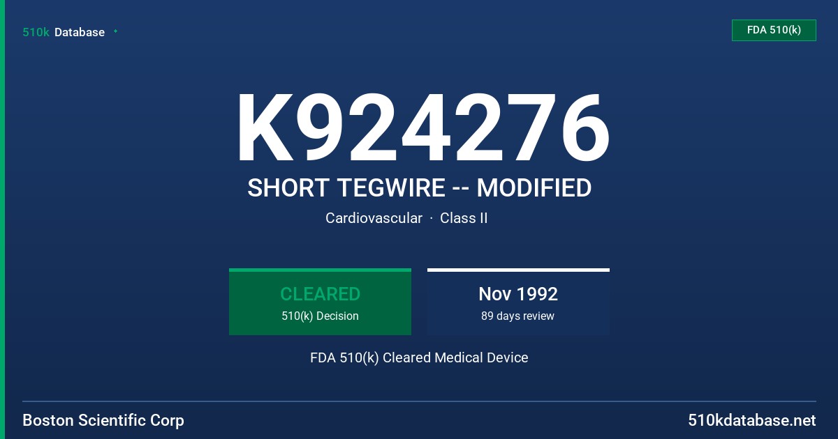 K924276 SHORT TEGWIRE -- MODIFIED FDA 510(k) Cleared Medical Device