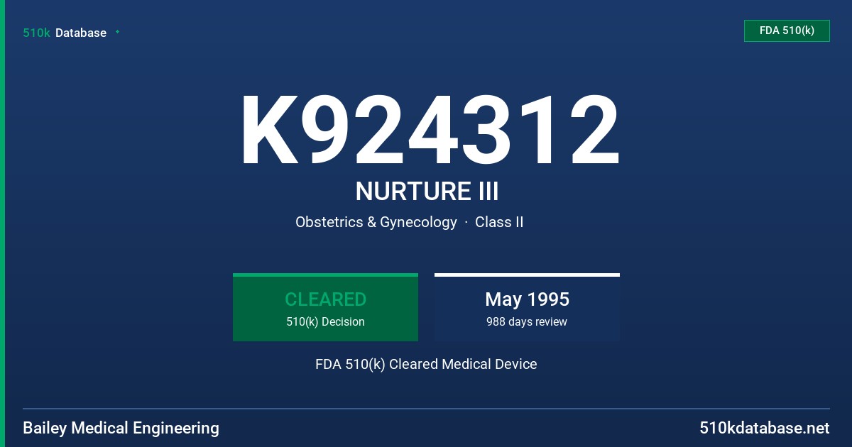 K924312 NURTURE III FDA 510(k) Cleared Medical Device