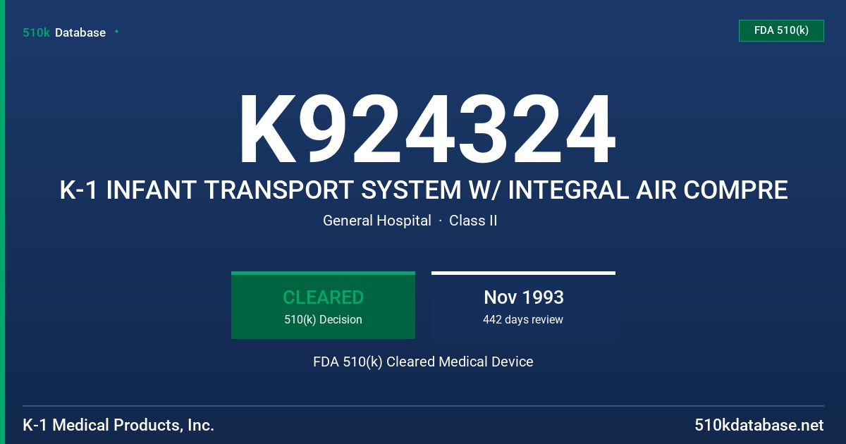 K924324 K-1 INFANT TRANSPORT SYSTEM W/ INTEGRAL AIR COMPRE FDA 510(k) Cleared Medical Device