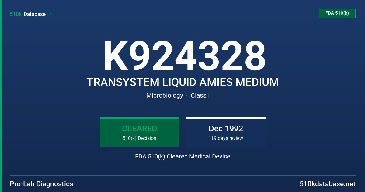 K924328 TRANSYSTEM LIQUID AMIES MEDIUM FDA 510(k) Cleared Medical Device