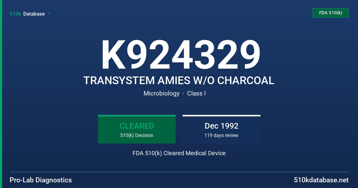 K924329 TRANSYSTEM AMIES W/O CHARCOAL FDA 510(k) Cleared Medical Device