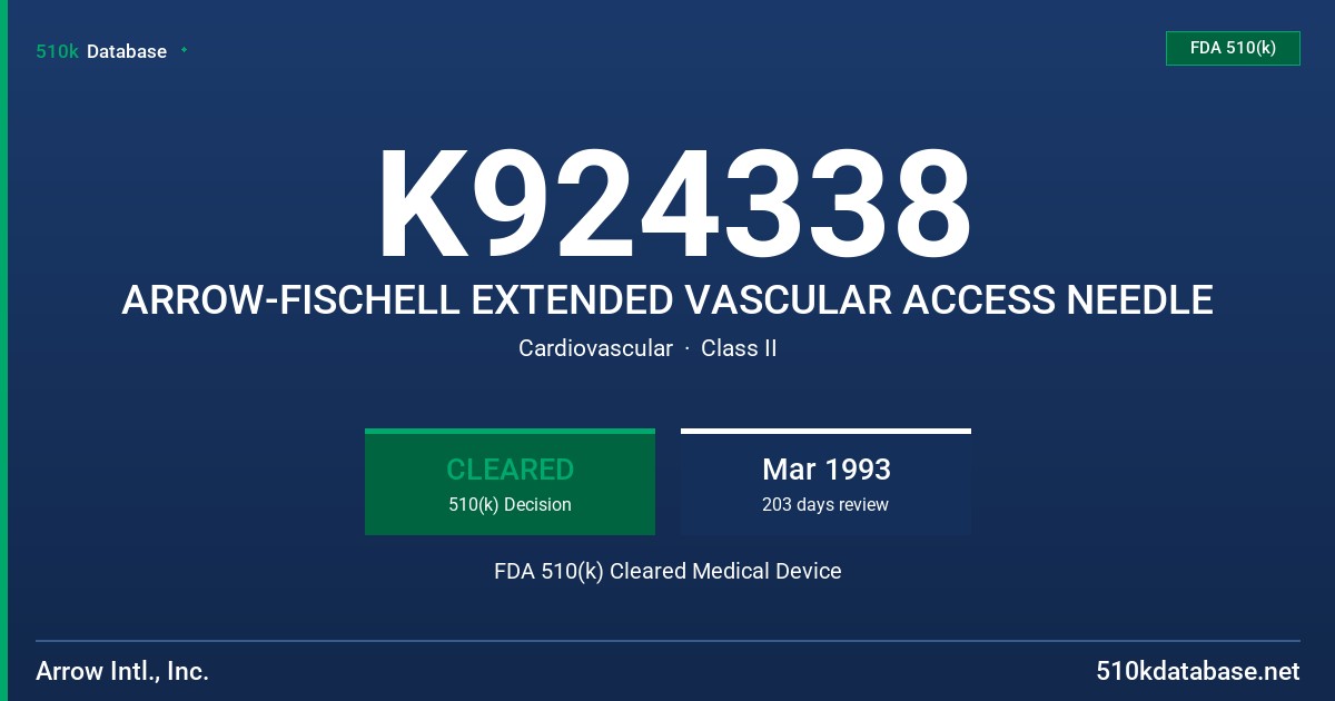 K924338 ARROW-FISCHELL EXTENDED VASCULAR ACCESS NEEDLE FDA 510(k) Cleared Medical Device