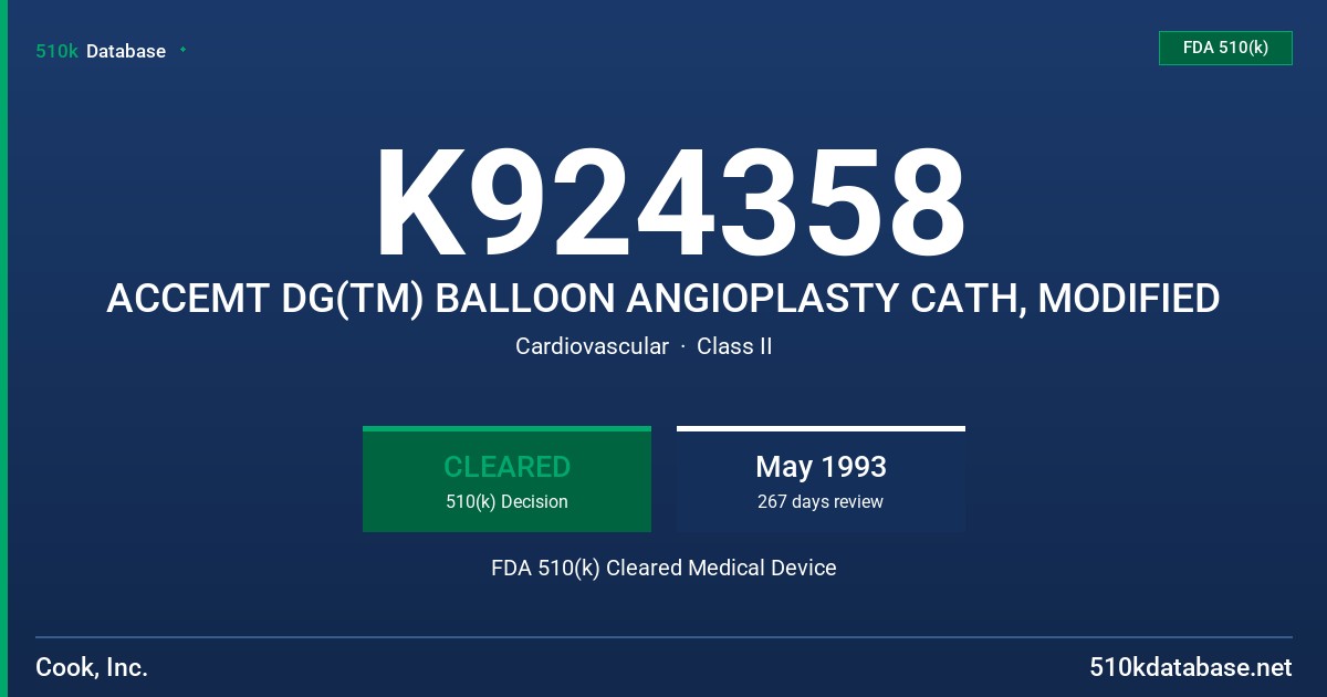 K924358 ACCEMT DG(TM) BALLOON ANGIOPLASTY CATH, MODIFIED FDA 510(k) Cleared Medical Device