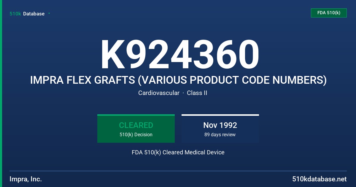 K924360 IMPRA FLEX GRAFTS (VARIOUS PRODUCT CODE NUMBERS) FDA 510(k) Cleared Medical Device