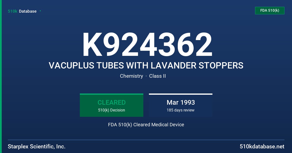 K924362 VACUPLUS TUBES WITH LAVANDER STOPPERS FDA 510(k) Cleared Medical Device