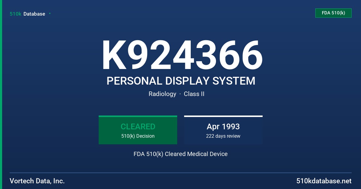 K924366 PERSONAL DISPLAY SYSTEM FDA 510(k) Cleared Medical Device