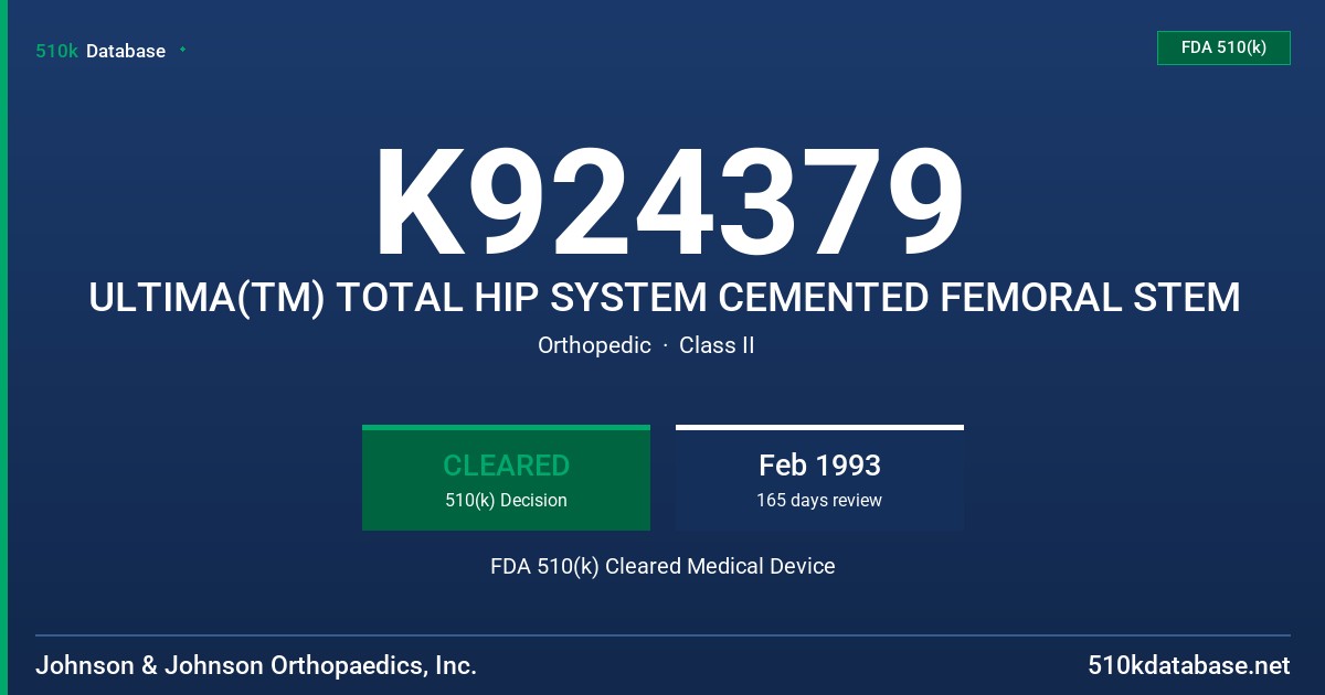 K924379 ULTIMA(TM) TOTAL HIP SYSTEM CEMENTED FEMORAL STEM FDA 510(k) Cleared Medical Device