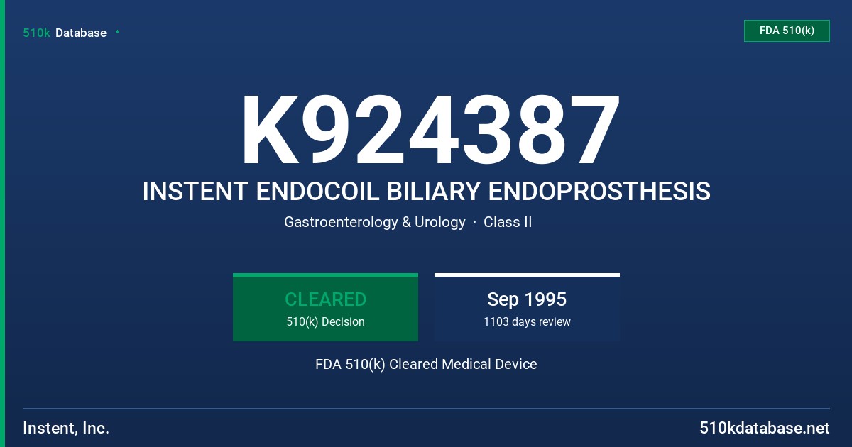 K924387 INSTENT ENDOCOIL BILIARY ENDOPROSTHESIS FDA 510(k) Cleared Medical Device