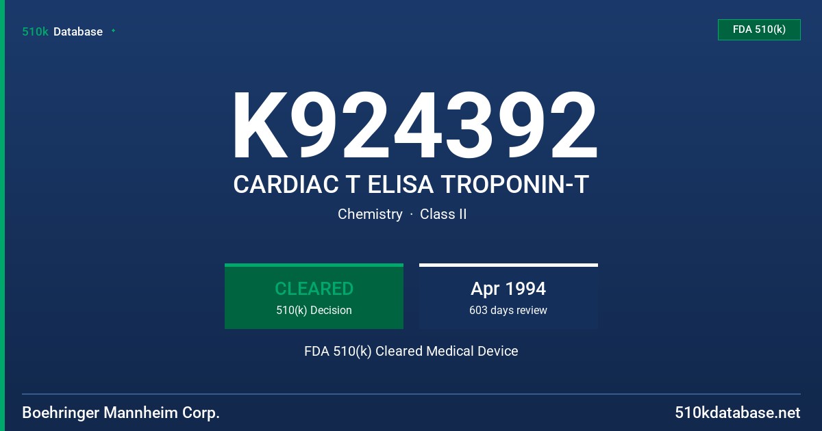 K924392 CARDIAC T ELISA TROPONIN-T FDA 510(k) Cleared Medical Device