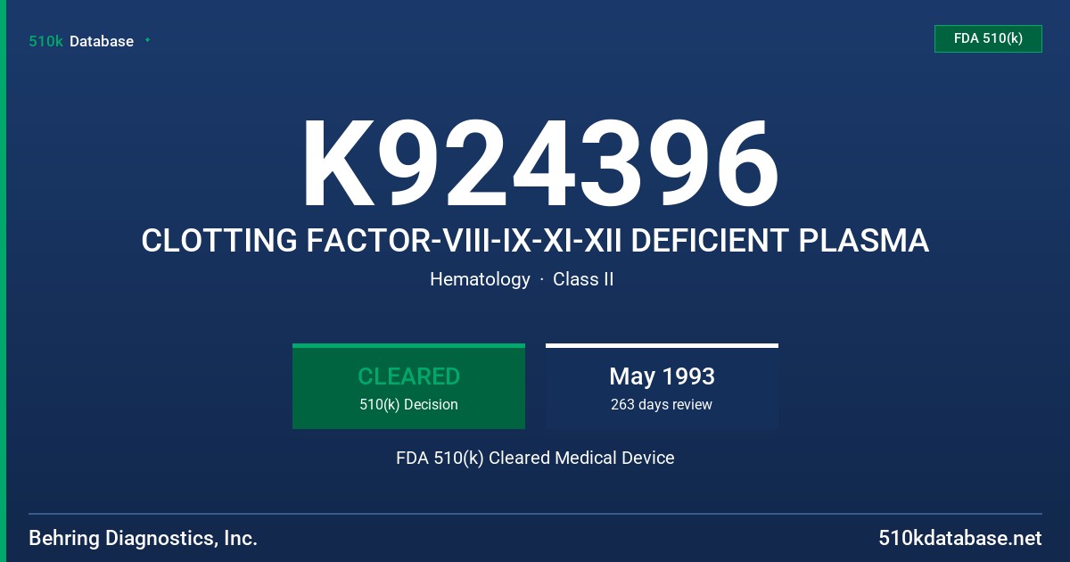 K924396 CLOTTING FACTOR-VIII-IX-XI-XII DEFICIENT PLASMA FDA 510(k) Cleared Medical Device