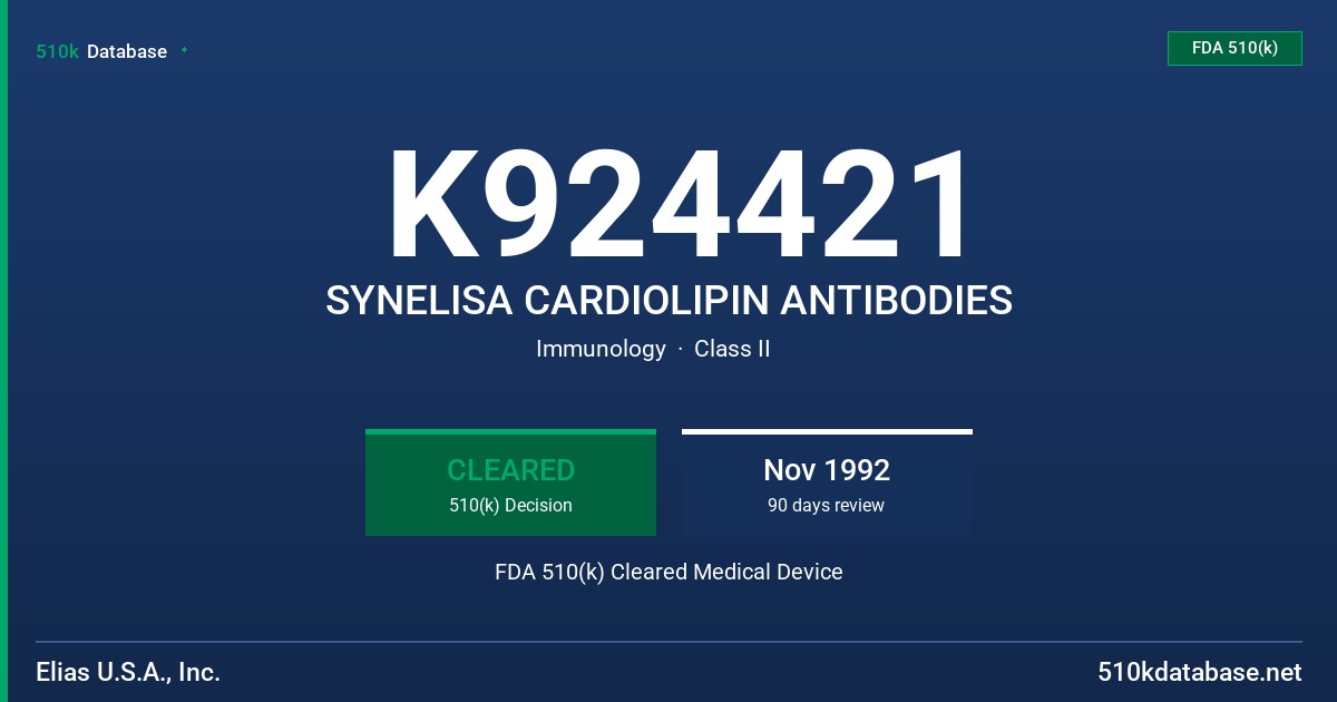 K924421 SYNELISA CARDIOLIPIN ANTIBODIES FDA 510(k) Cleared Medical Device