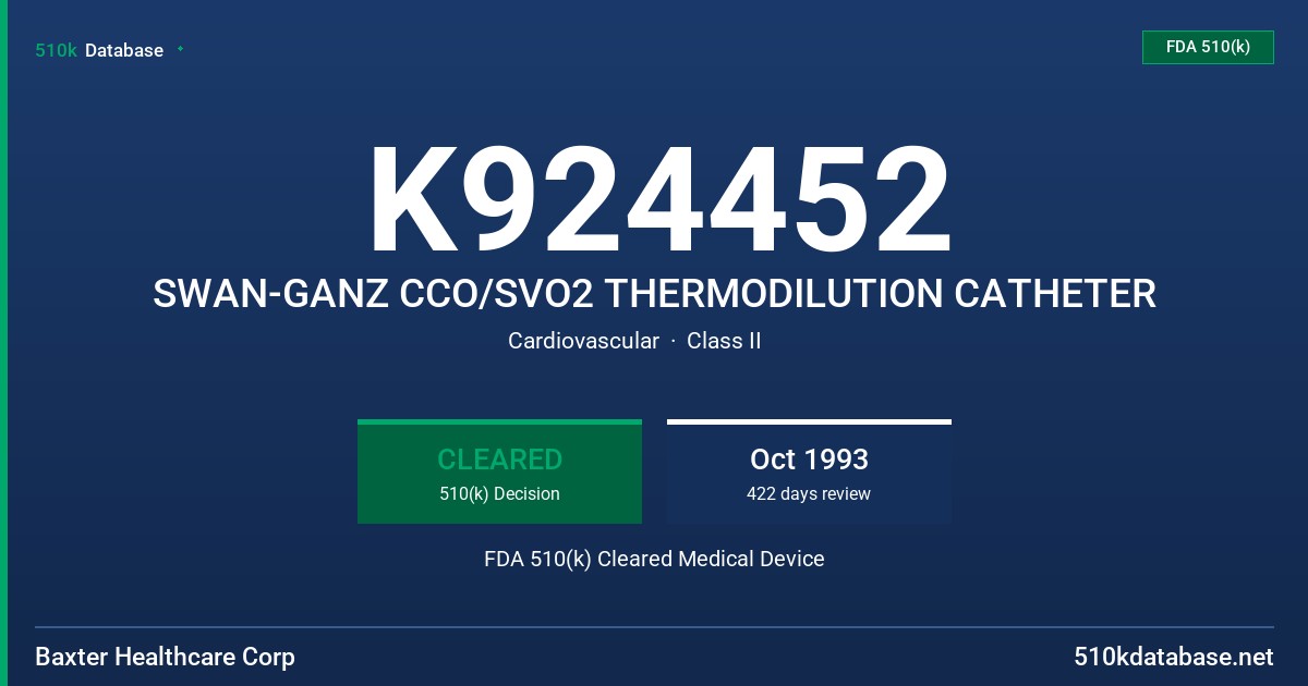 K924452 SWAN-GANZ CCO/SVO2 THERMODILUTION CATHETER FDA 510(k) Cleared Medical Device