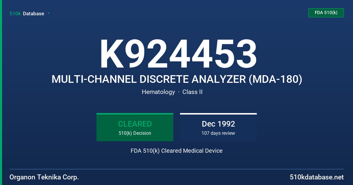 K924453 MULTI-CHANNEL DISCRETE ANALYZER (MDA-180) FDA 510(k) Cleared Medical Device