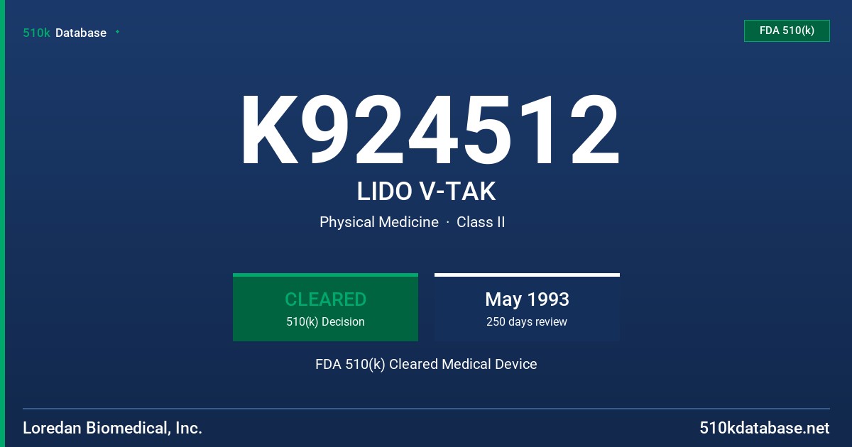 K924512 LIDO V-TAK FDA 510(k) Cleared Medical Device