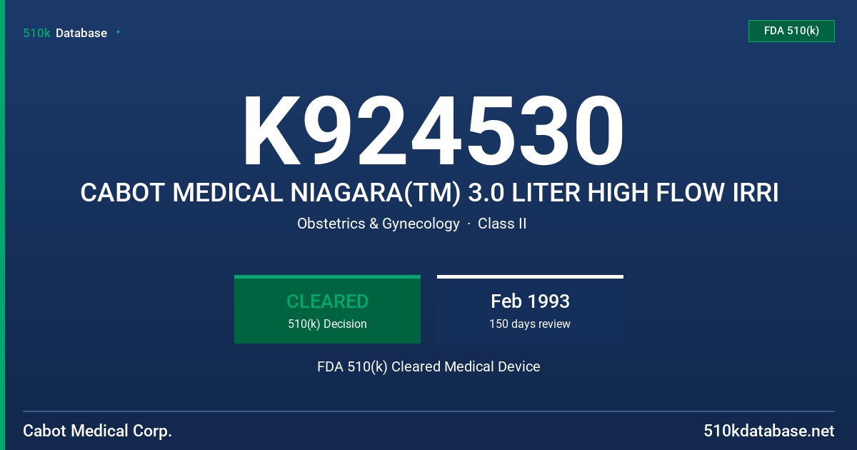 K924530 CABOT MEDICAL NIAGARA(TM) 3.0 LITER HIGH FLOW IRRI FDA 510(k) Cleared Medical Device