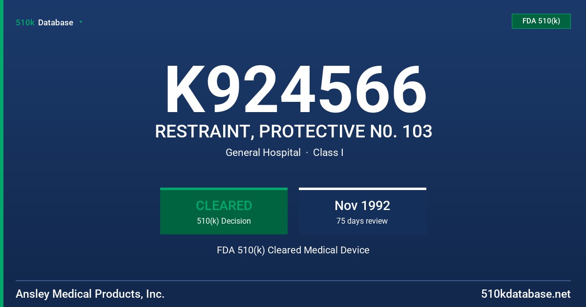 K924566 RESTRAINT, PROTECTIVE N0. 103 FDA 510(k) Cleared Medical Device