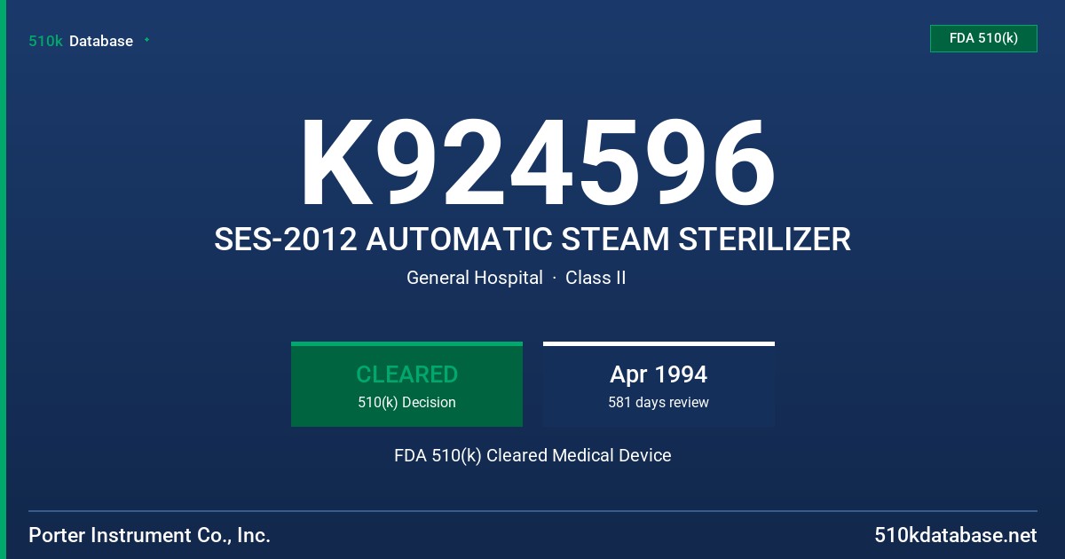 K924596 SES-2012 AUTOMATIC STEAM STERILIZER FDA 510(k) Cleared Medical Device