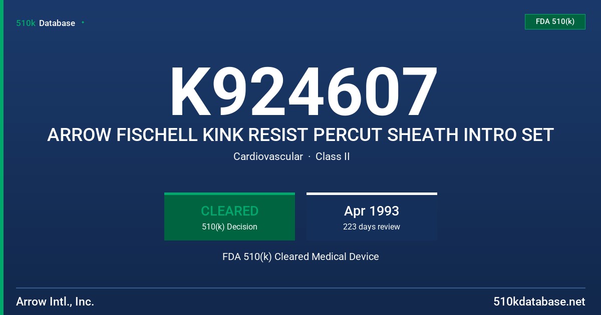 K924607 ARROW FISCHELL KINK RESIST PERCUT SHEATH INTRO SET FDA 510(k) Cleared Medical Device