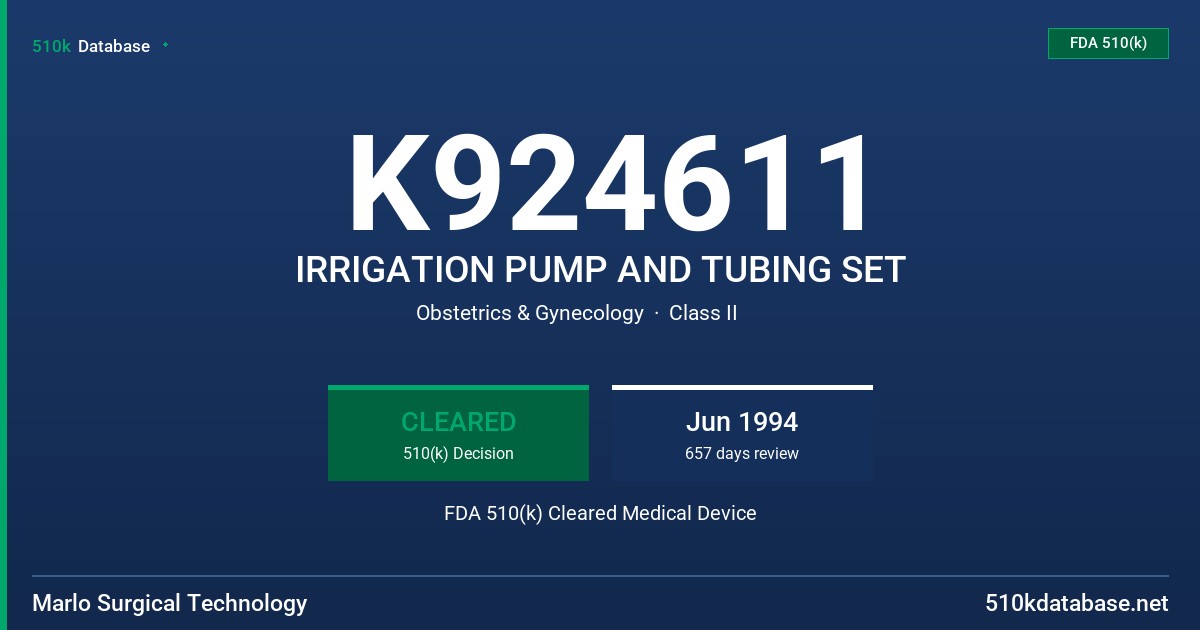 K924611 IRRIGATION PUMP AND TUBING SET FDA 510(k) Cleared Medical Device