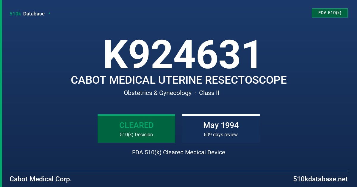 K924631 CABOT MEDICAL UTERINE RESECTOSCOPE FDA 510(k) Cleared Medical Device