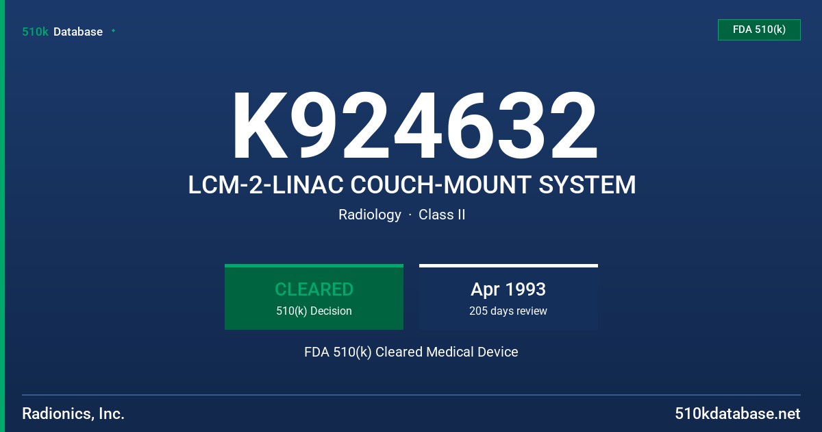 K924632 LCM-2-LINAC COUCH-MOUNT SYSTEM FDA 510(k) Cleared Medical Device