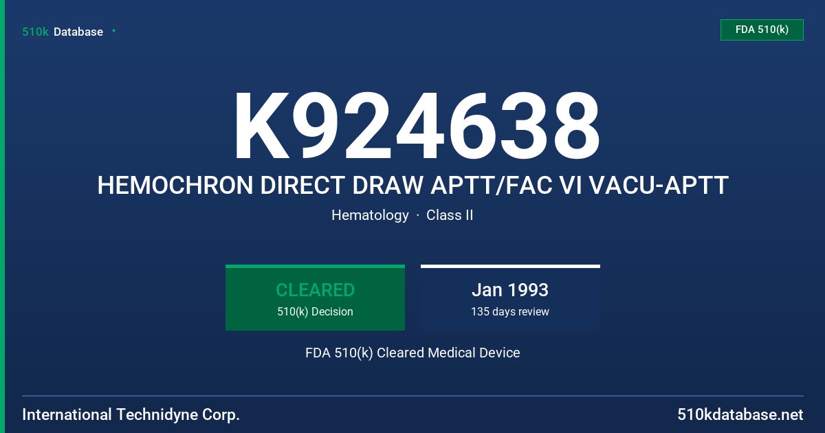 K924638 HEMOCHRON DIRECT DRAW APTT/FAC VI VACU-APTT FDA 510(k) Cleared Medical Device