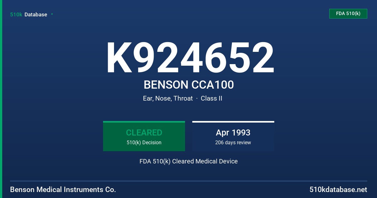 K924652 BENSON CCA100 FDA 510(k) Cleared Medical Device