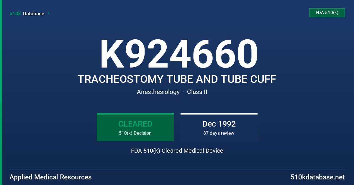 K924660 TRACHEOSTOMY TUBE AND TUBE CUFF FDA 510(k) Cleared Medical Device