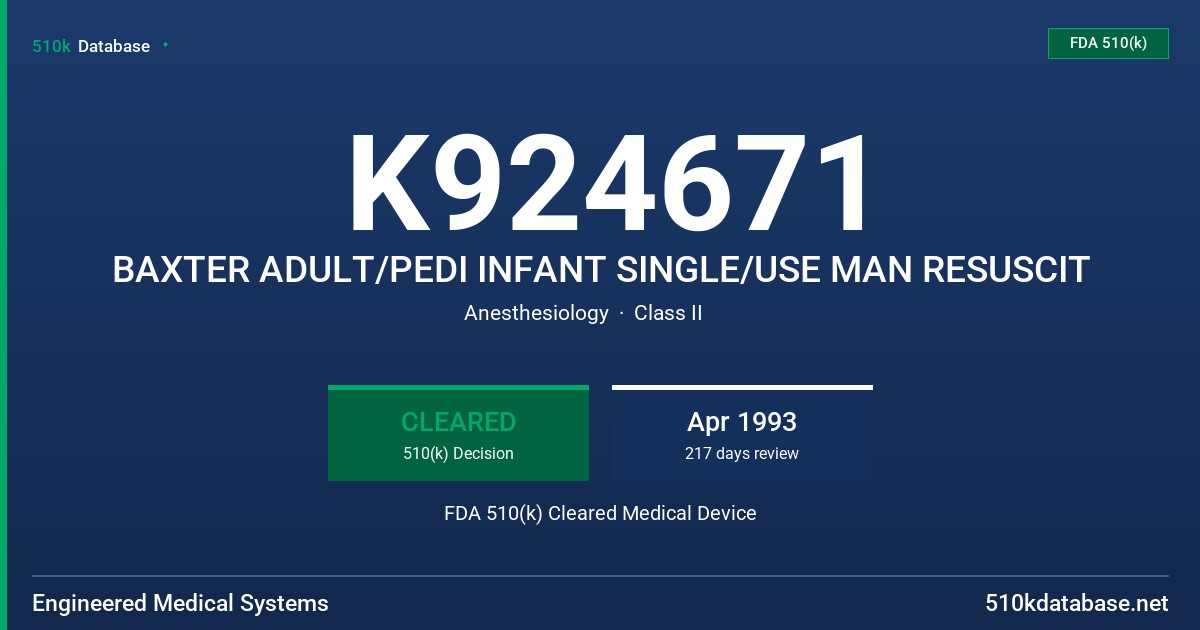 K924671 BAXTER ADULT/PEDI INFANT SINGLE/USE MAN RESUSCIT FDA 510(k) Cleared Medical Device