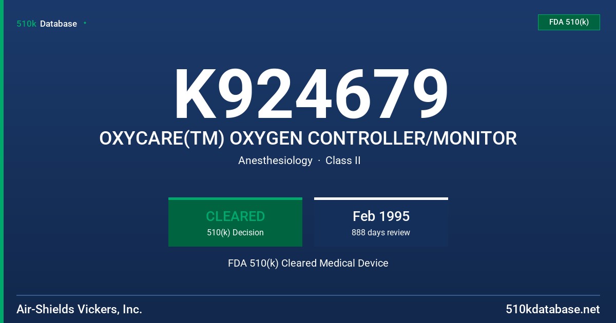 K924679 OXYCARE(TM) OXYGEN CONTROLLER/MONITOR FDA 510(k) Cleared Medical Device